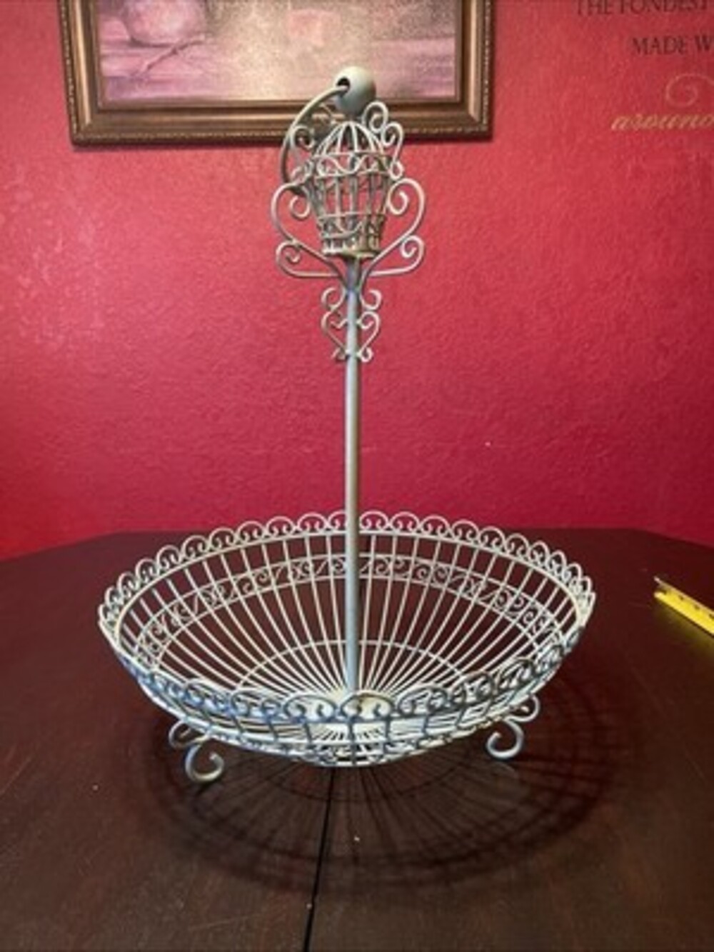 Large Light Blue Metal Scrollwork Decorative Basket with Handle, Antique Style